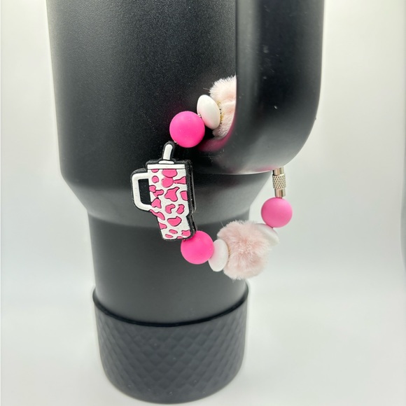 Beaded Silicone Focal Beverage Charm Stanley Cup Charm Pink Cow Leopard Print - Picture 3 of 4